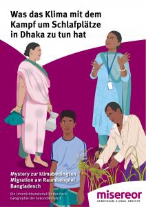 Titelseite des Unterrichtsmaterials "Was das Klima mit dem Kampf um Schlafplätze in Dhaka zu tun hat". Vier Menschen, Titel in Schwar, weiß und lila Hintergrund.