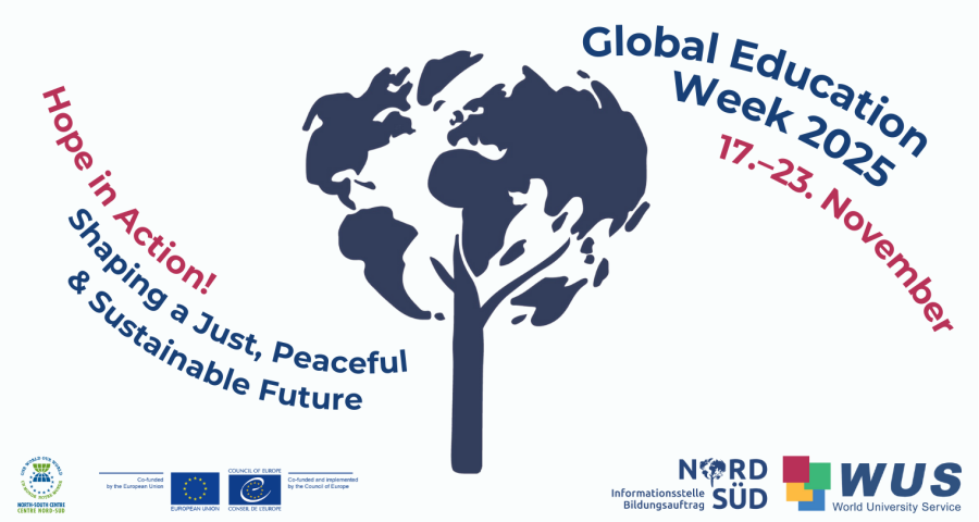 Postkarte zur Global Education Week 2025 „Hope in Action!  Shaping a Just, Peaceful & Sustainable Future“. Bildrechte: WUS
