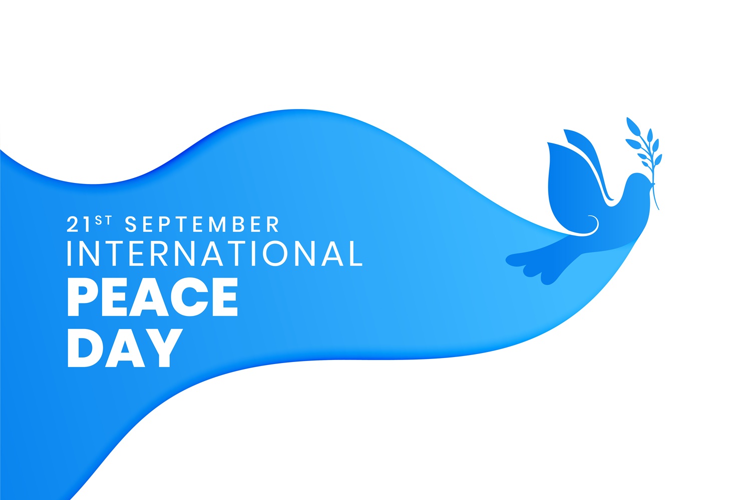 Grafik zum Internationalen Tag des Friedens am 21. September. Eine stilisierte blaue Taube mit einem Olivenzweig fliegt nach rechts. Links steht in weißer Schrift „21st September – International Peace Day“ auf einem blauen, wellenförmigen Hintergrund.