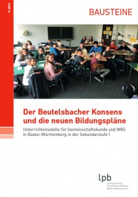 Schulklasse im Klassenraum. Titelseite  Broschüre "Der Beutelsbacher Konsens und die neuen Bildungspläne", Band 1. Quelle: lpb-bw.de