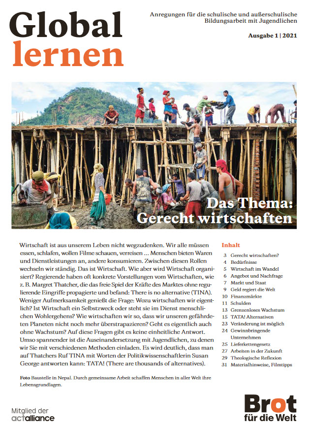 Titelbild Zeitschrift Global Lernen zum Thema Gerecht wirtschaften. Quelle: brot-fuer-die-welt.de