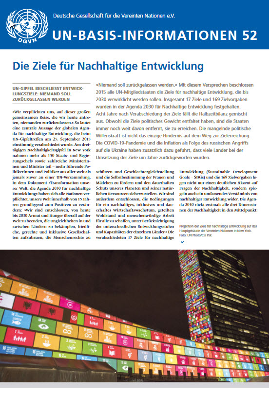 Titelseite UN-Basis-Informationen 25: Die Ziele für Nachhaltige Entwicklung. Quelle: dgvn.de