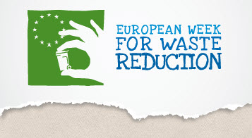 Europa-Sternenkranz und Hand mit kleiner Mülltonne zwischen Daumen und Zeigefinger. Logo Europäische Woche zur Abfallvermeidung, Quelle: ewwr.eu