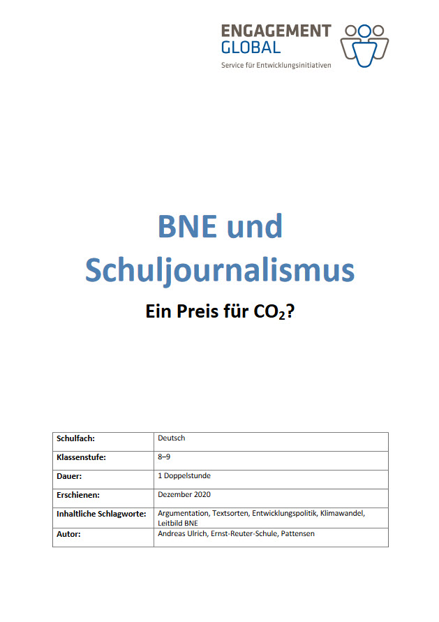 Titelseite "BNE und Schuljournalismus. Ein Preis für CO2?" OER Material für den Deutschunterricht. 