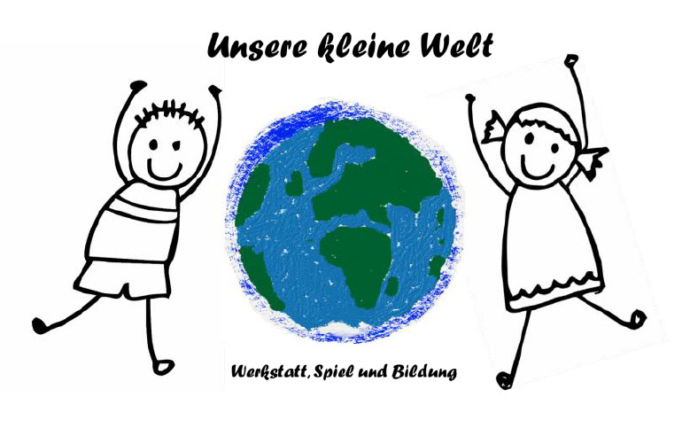 Zwei Strichmännchen umtanzen eine blaue Weltkugel. Logo - Quelle: unsere-kleine-welt-werkstatt.de