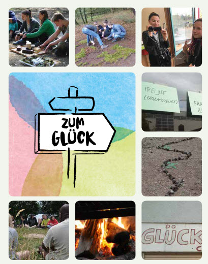 Wegweiser mit Aufschrift "Zum Glück", daneben kleine Fotos mit jungen Menschen in der Natur, ein Lagerfeuer u.a. Ausschnitt Flyer zum PROJEKT ZUM GLÜCK. Quelle: ifak-goettingen.de