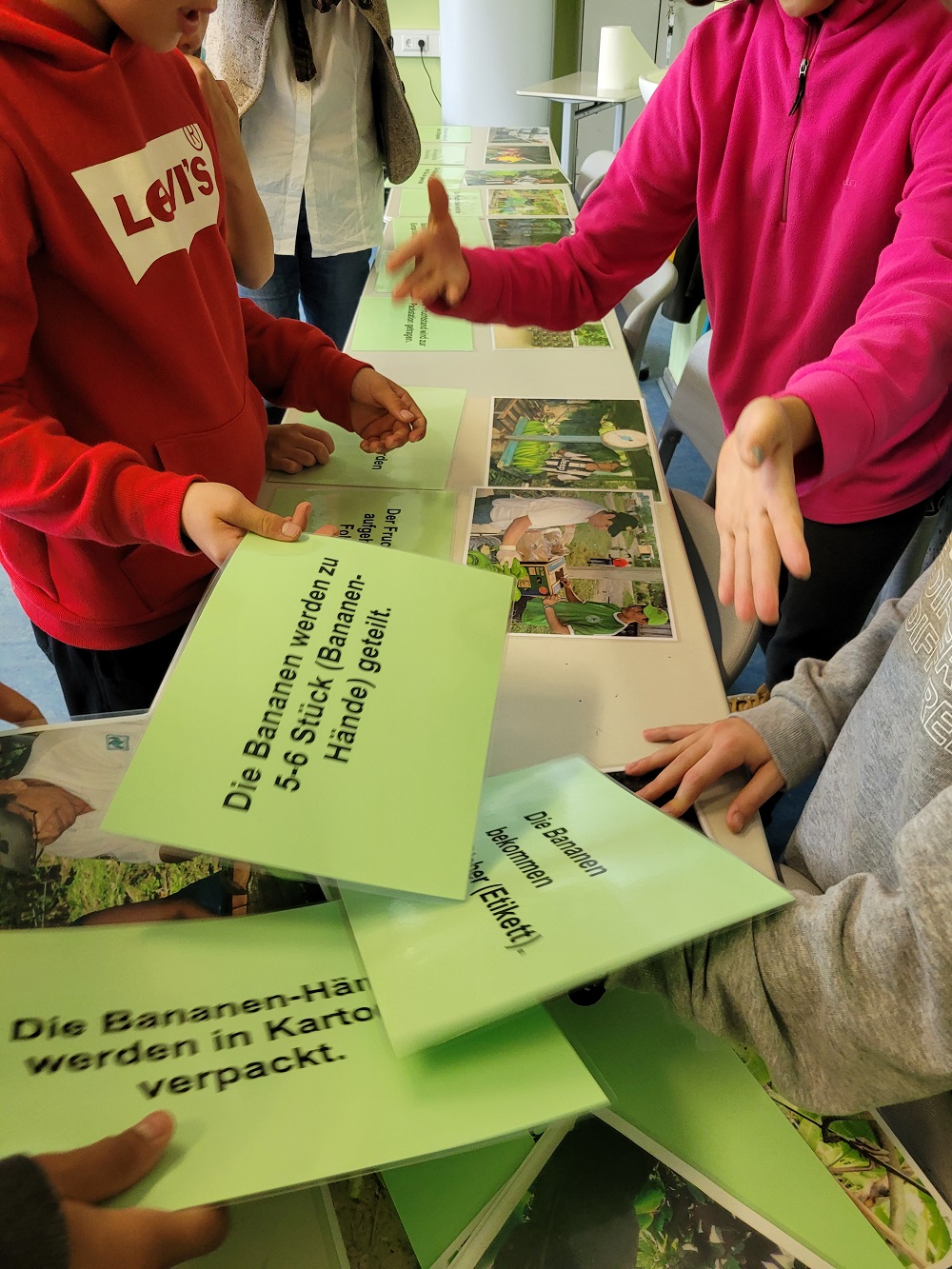 Kinder ordnen Fotos und Texte zum Banenenanbau