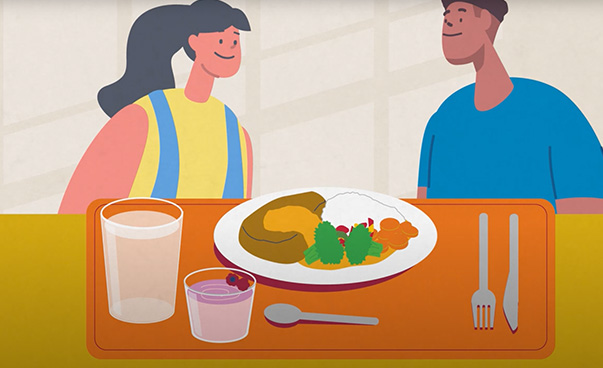 Zeichnung zwei Menschen an einem Tisch, davor ein Tablett mit Speisen und Getränken. Bild zum Erklärvideo „Ernährung und Nachhaltige Entwicklung". Quelle: Engagement Global, https://www.engagement-global.de/ 