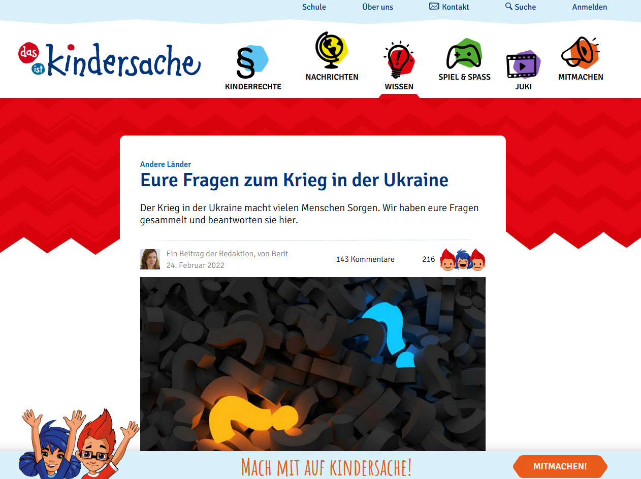 Screenshot Kinderwebsite: Kindersache.de des Deutschen Kinderhilfswerks e.V