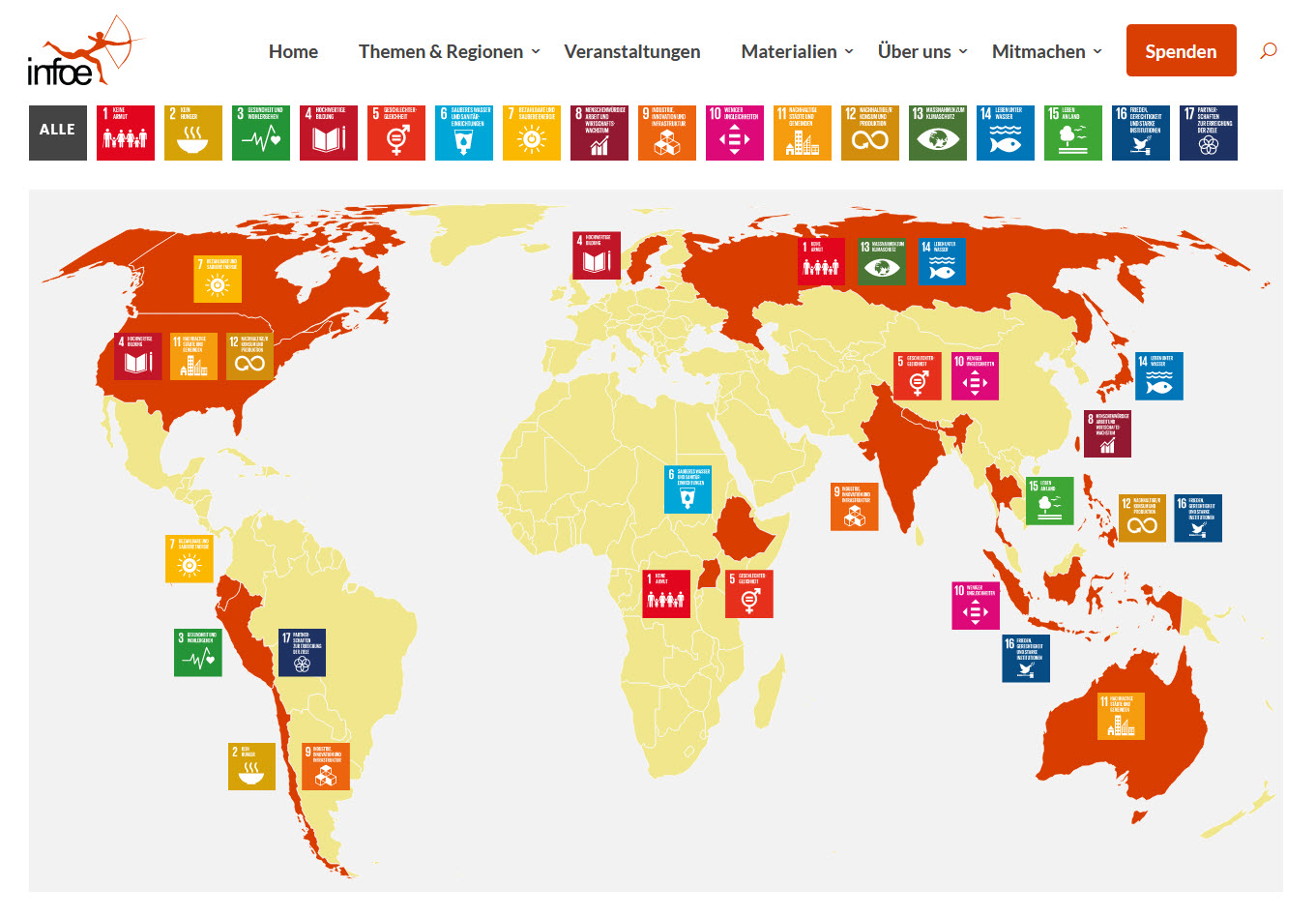 Weltkarte mit darauf verteilten SDG-Icons. Screenshot Bewegte SDG-Seite. Quelle: infoe.de