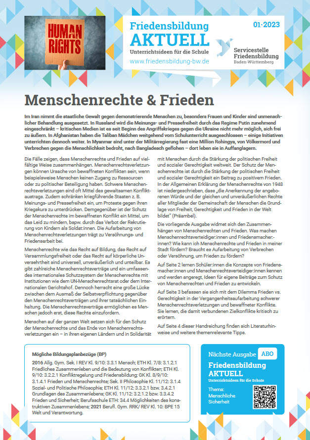 Titelseite „Friedensbildung AKTUELL – Unterrichtsideen für die Schule“, Ausgabe 1/2023. Quelle: Servicestelle Friedensbildung Baden-Württemberg