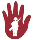 Rote Hand mit Umrisse Kindersoldat (mittig in weiß). Logo Aktion Rote Hand. Quelle: Aktion Rote Hand