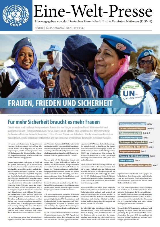 Die Titelseite der Ein-Welt-Presse Frauen Frieden und Sicherheit zeigt ein Bild von UN-Peacekeeperinnen, die sich umarmen.