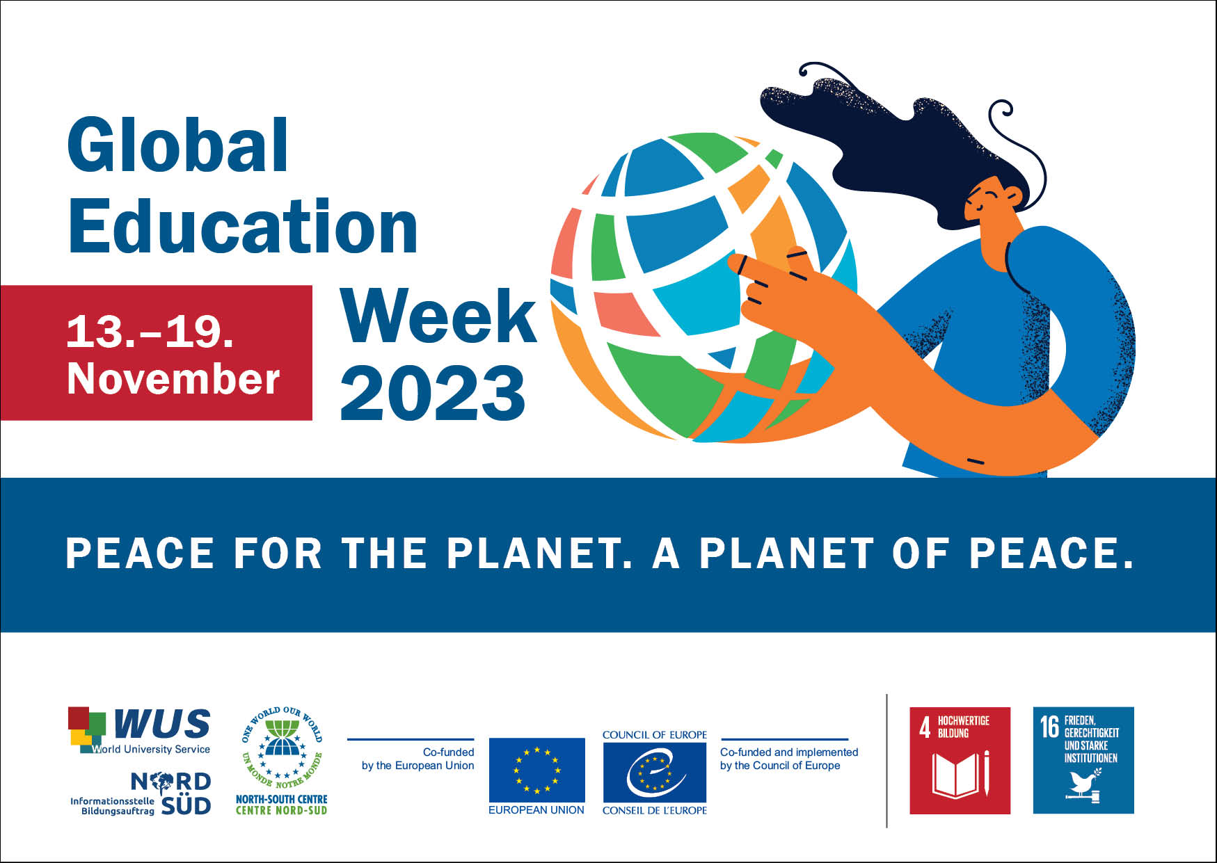 Karte zur Global Education Week 2023 zum Thema "Peace for the Planet. A Planet of Peace". Quelle: WUS