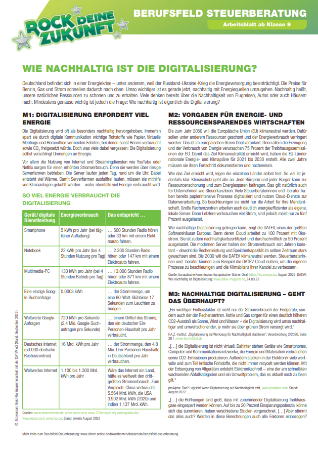 Arbeitsblatt: Wie nachhaltig ist die Digitalisierung? Eine Seite mit Text und eine Tabelle. Quelle: lehrer-online.de