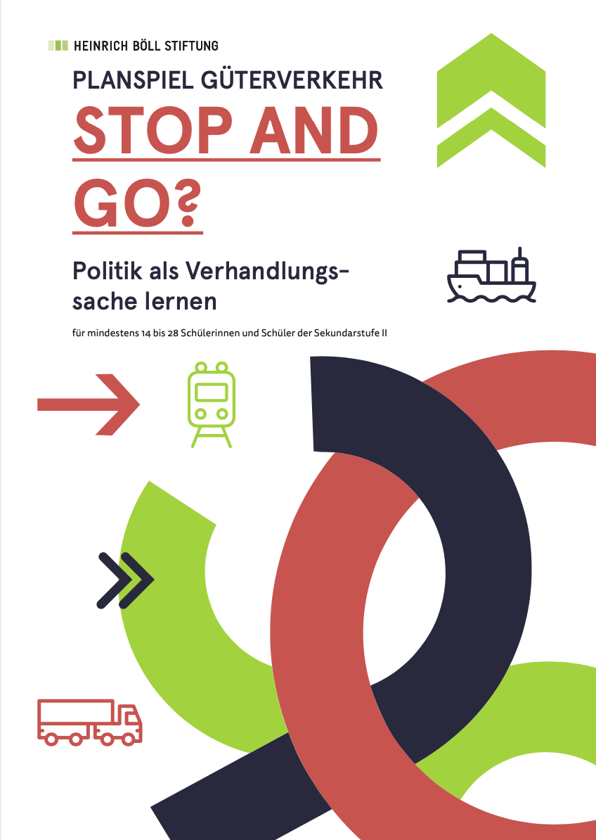 Titelseite des Planspiels zum Thema Güterverkehr mit dem Titel "Stop and Go?". Eine bunte Grafik mit Symbolen des Güterverkehrs. Quelle: boell.de