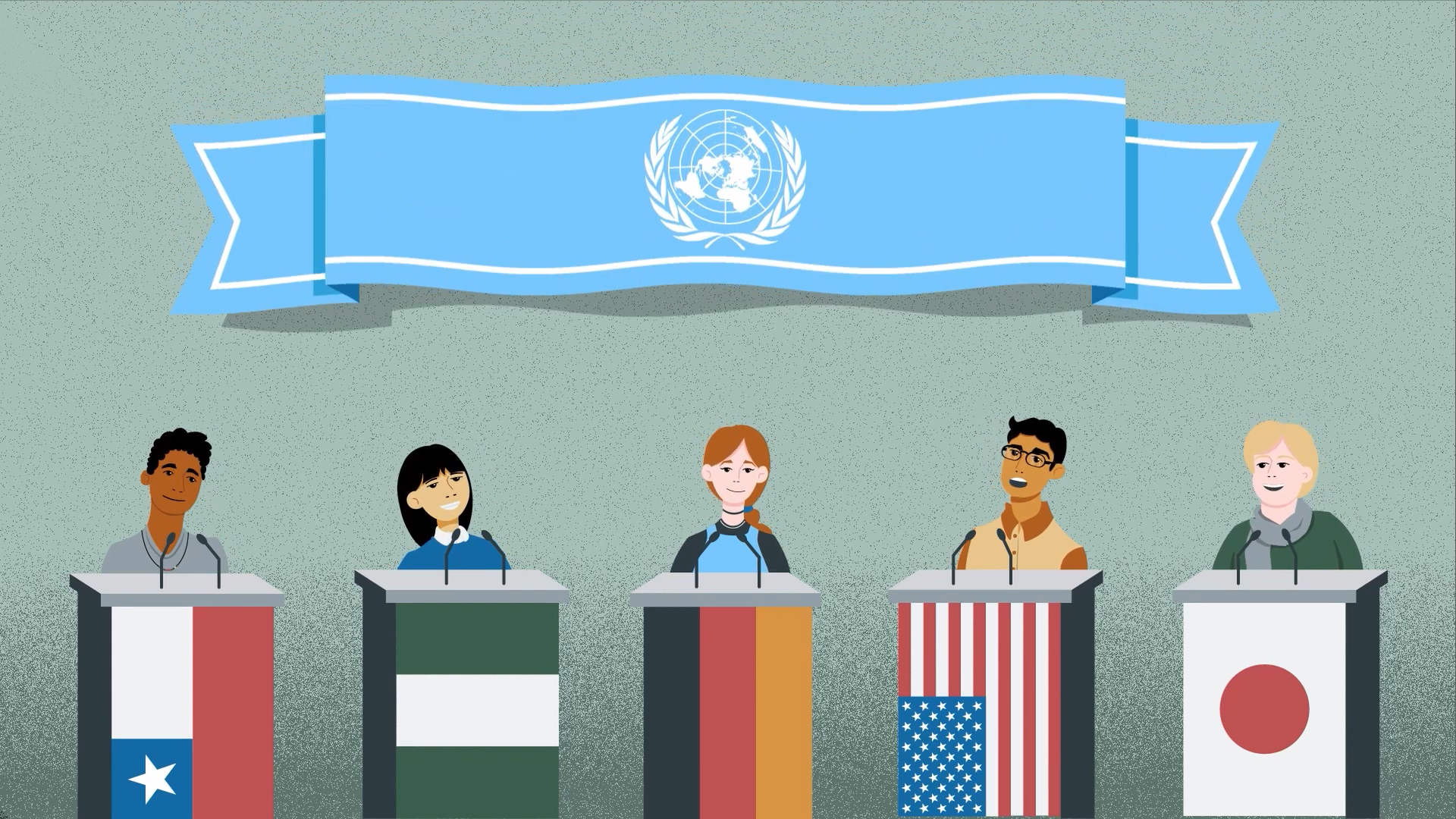 Eine Illustration von verschiedenen Menschen am Rednerpult der Vereinten Nationen. Quelle: Engagement Global