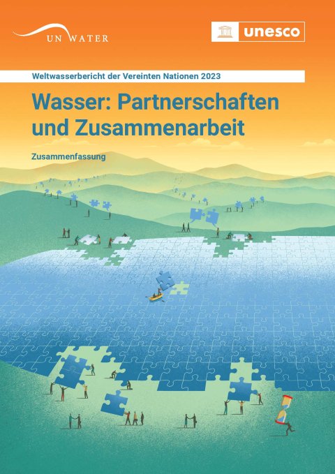 Titelbild UN-Weltwasserbericht 2023. Schriftzug: "Wasser: Partnerschaften und Zusammenarbeit". Ein gemaltes Landschaftsbild zeigt, wie Figuren aus Puzzleteilen einen See zusammensetzen. Quelle: unesco.