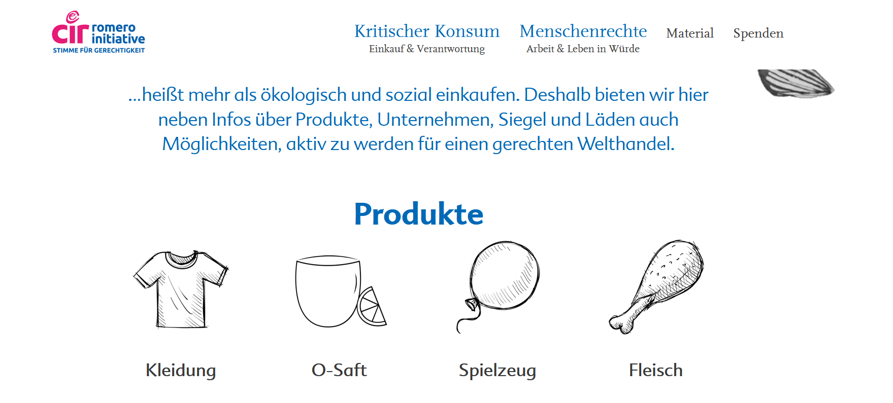 Ausschnitt der Website zu kritischem Konsum. Verschiedene Produkte werden illustrativ dargestellt. Quelle: ci-romero.de/kritischer-konsum