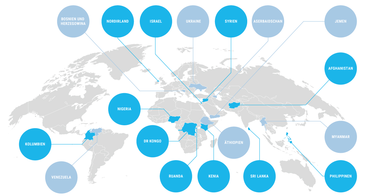 Titelbild Weltkarte der Konflikte. Eine Weltkarte, in der verschiedene Konfliktregionen eingezeichnet sind. Quelle: friedensbildung-bw.de