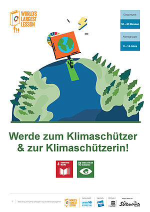 Titelbild Werde zum*zur Klimaschützer*in. Illustration einer Erde mit einem Protestschild. Quelle: Südwind.