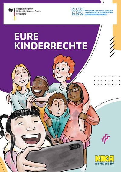 Titelbild Broschüre Eure Kinderrechte. Illustration einer Gruppe von Kindern die ein Selfie macht. Quelle: bmfsfj.de 