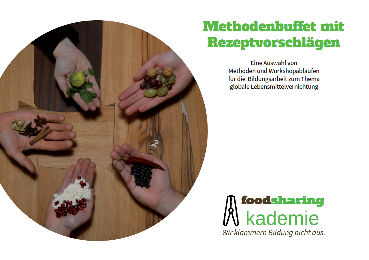 Fünf Hände mit Lebensmitteln zeigen zueinander. Titelseite Methodenbuffet. Quelle: foodsharing