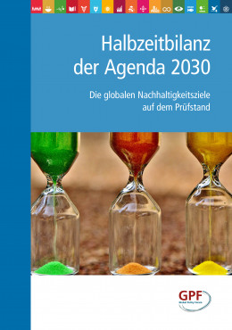 Sanduhren in grün, rot, gelb, durch die der Sand rinnt, darüber auf blauem Hintergrund "Halbzeitbilanz der Agenda 2030 - Die globalen Nachhaltigkeitsziele auf dem Prüfstand". Titelseite des Buches. Quelle: globalpolicy.org/ 