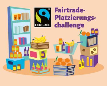 Einkaufswagen mit fairen Produkt als Key Visual für die Fairtrade Platzieurngschallenge. Außerdem drei Schritte-Prozess für die Teilnahme an der Fairtrade Platzierungschallenge. Diese sind auch nochmal auf der Website zu finden. 