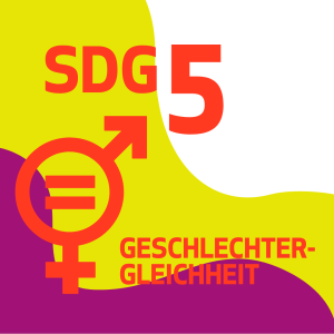 Grafik zu SDG 5 „Geschlechtergleichheit“ mit großem Gleichstellungssymbol und der Zahl 5. Der Schriftzug „Geschlechtergleichheit“ steht auf einem gelb-violetten Hintergrund mit abstrakten Farbflächen.