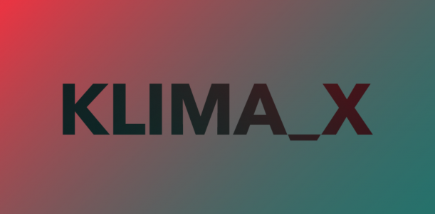 Im Hintergrund rot grüner Farbverlauf. Darauf in schwarzer Schrift Klima_X. Logo der Klima_X Ausstellung. Quelle: mfk-frankfurt.de/klima-x/