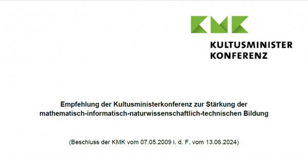 Auszug der Titelseite der Publikation Empfehlung der Kultusministerkonferenz zur Stärkung der mathematisch-informatisch-naturwissenschaftlich-technischen Bildung
