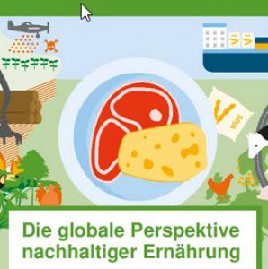 Zeichnung Teller mit Fleisch und Käse, am Rand gerodeter Wald, Frachtschiff, Pestizid-Sprühung durch ein Flugzeug u.a. Bild zum ANU-Projekt: Die Globale Perspektive nachhaltiger Ernährung (GloPE).  Quelle: umweltbildung.de