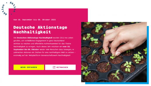 Screenshot Deutsche Aktionstage Nachhaltigkeit: Auf einem Foto ist die Hand einer weißen Person zu sehen, die einen kleinen Setzling im schwarzen Pflanztablett berührt.