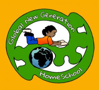 Zeichnung: ein Kind liest auf dem Bauch liegend, daneben die Weltkugel, eingerahmt von Schriftzug in grünem Band: Global News Generation Home School