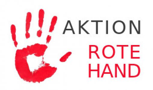 Handabdruck in roter Farbe, daneben Schriftzug Aktion Rote Hand. Logo Aktion Rote Hand. Quelle: aktionrotehand.de