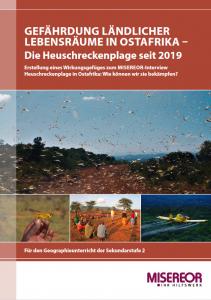 Fliegende Heuschrecken, ein einzelnes Tier u.a. Titelseite "Gefährdung ländlicher Lebensräume in Ostafrika - Die Heuschreckenplage seit 2019". Quelle: misereor.de