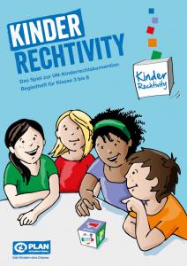 Zeichnung Kinder um einen Tisch sitzend, vor einen ein Spielwürfel. Titelseite des Begleitheftes des Materials "Kinder-Rechtivity". Quelle: Plan International Deutschland e.V.