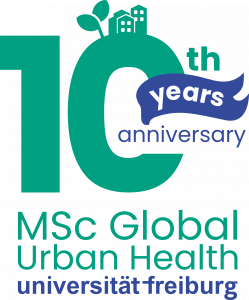 Grafik zum 10-jährigen Bestehen des Masterstudiengang "Global Urban Health" an der Universität Freiburg. 