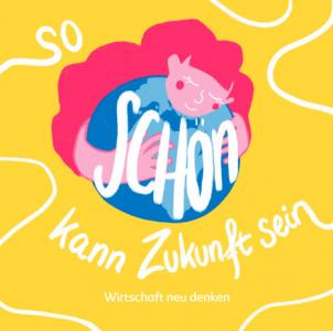 Zeichnung auf gelbem Hintergrund: Mensch mit langen roten Haaren umarmt Weltkugel, Schriftzug „So schön kann Zukunft sein! Wirtschaft neu denken“. Titelseite des Faltbüchleins. Quelle: ci-romero.de