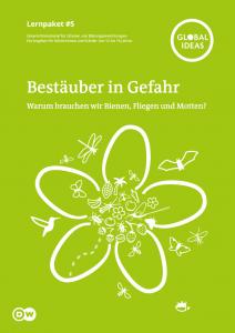 Gezeichnete Blüte, umschwirrt von vielen Insekten. Titelseite Material "Bestäuber in Gefahr.  Warum brauchen wir Bienen, Fliegen und Motten?" Quelle: static.dw.com