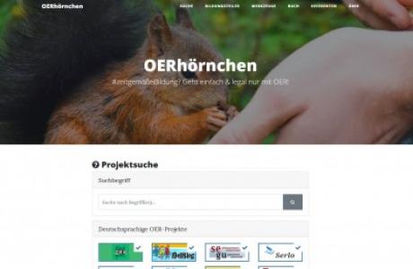 Eichhörnchen frisst aus der Hand. Header der Website OERhörnchen, Screenshot oerhoernchen.de   