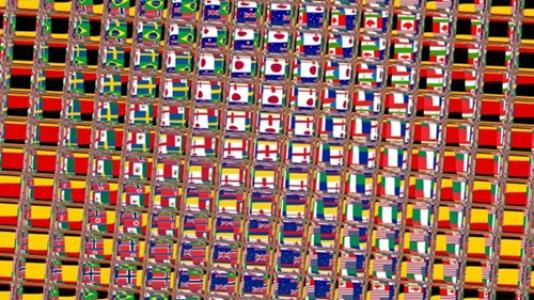 Collage aus zahlreichen kleinen, dicht aneinandergereihten Flaggen verschiedener Länder, die ein buntes Raster bilden.