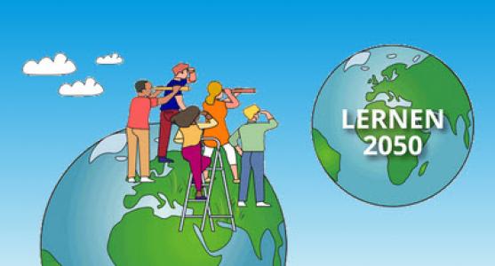 Zeichnung: Jugendliche stehen auf der Erdkugel und sehen z.T. mit Fernrohren auf einen anderen Planeten mit der Aufschrift "Lernen 2050". Bild zur Jugend-Zukunftskonferenz „Wie soll in Zukunft besser und sinnvoller gelernt werden?“ Quelle: /jugendkonferenz.mehr-wissen-mehr-tun.de 