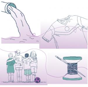 Collage von lila Zeichnungen: Wasser aus einem Rohr fließend, ein T-Shirt, Nadel und Garn, vier Kinder in Trikots von hinten, daneben ein Fußball. Quelle: WEED e.V.
