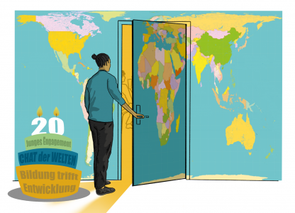 Mensch öffnet Tür in Wand, auf der die Weltkarte abgebildet ist. Zeichnung zum 20-jähriges Jubiläum von Bildung trifft Entwicklung (BtE). Quelle: BtE 