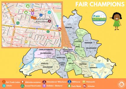 Übersichts- und Detailkarte Berlin. In der rechten Ecke Schriftzug "Fair Champions". Digitale faire Berlin Karte - von Kindern für Kinder. Quelle: Hope Foundation e.V.