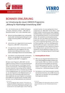 Titelseite "Bonner Erklärung zur Umsetzung des neuen UNESCO-Programms 'BNE 2030'. 