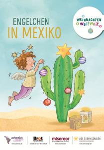 Zeichnung eines kindlichen Engels, der einen Kaktus mit Weihnachtskugeln schmückt. Cover des Materials „Engelchen in Mexiko" der Aktion "Weihnachten Weltweit". Quelle: weihnachten-weltweit.de