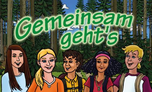Fünf Jugendliche in Zeichentrick